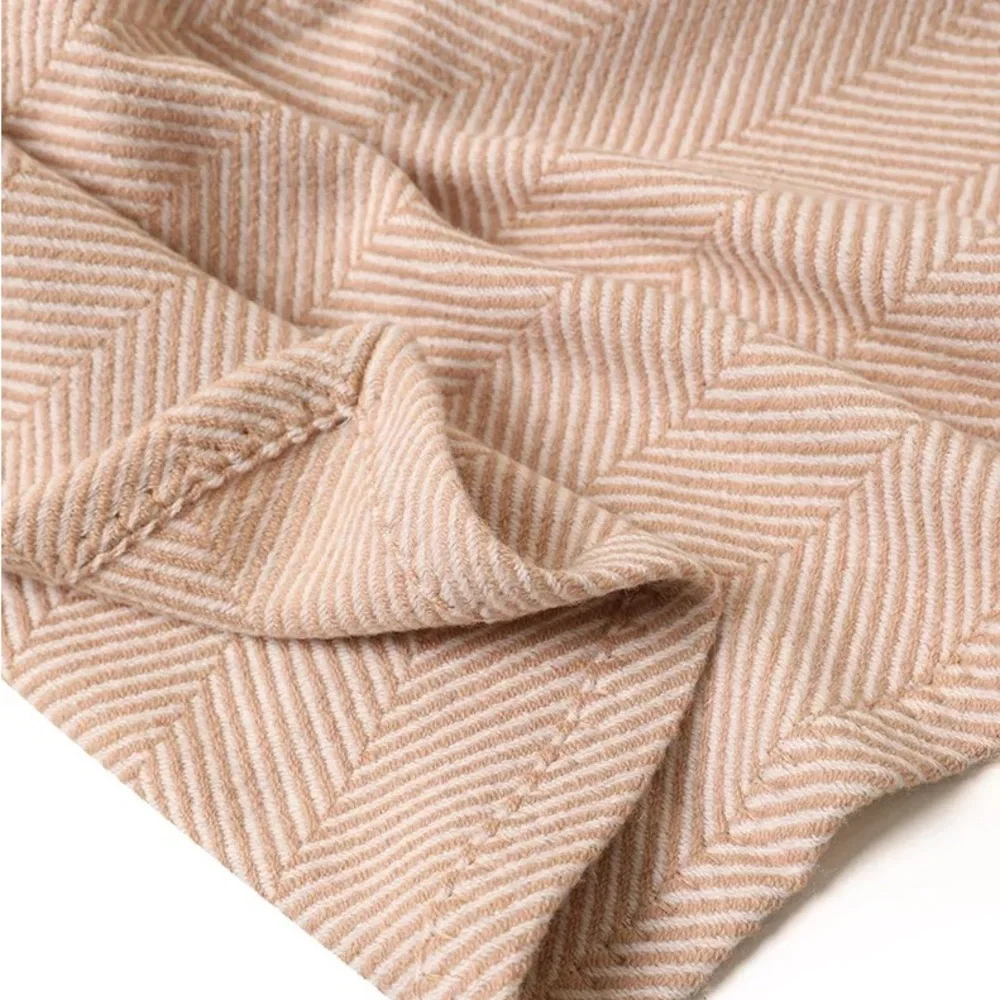 100% Wool Tan and Ivory Soft Herringbone Throw Blanket 53"x69" - Picture 7 of 13